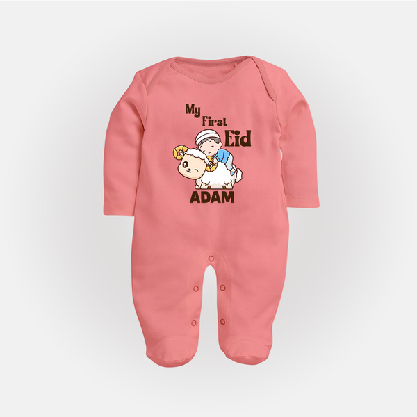 My First Eid Boy Riding Lamb Fun Theme Personalized Baby Full Body Suit - PEACH - New Born (Chest 7.5")