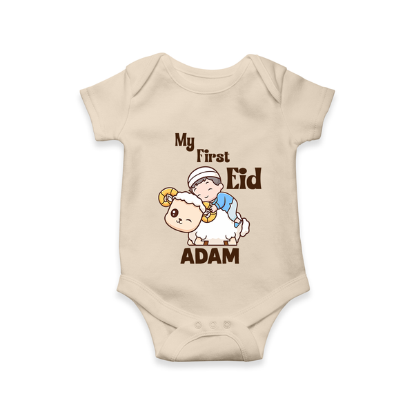 My First Eid Boy Riding Lamb Fun Theme Personalized Baby Romper - IVORY - New Born (Chest 14")