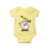 My First Eid Boy Riding Lamb Fun Theme Personalized Baby Romper - PASTEL YELLOW - New Born (Chest 14")