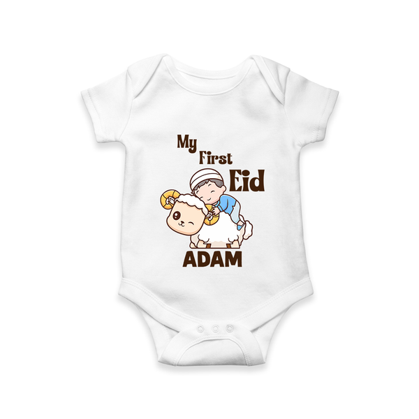 My First Eid Boy Riding Lamb Fun Theme Personalized Baby Romper - WHITE - New Born (Chest 14")