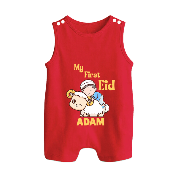 My First Eid Boy Riding Lamb Fun Theme Personalized Baby Button Romper - RED - New Born (Chest 18")