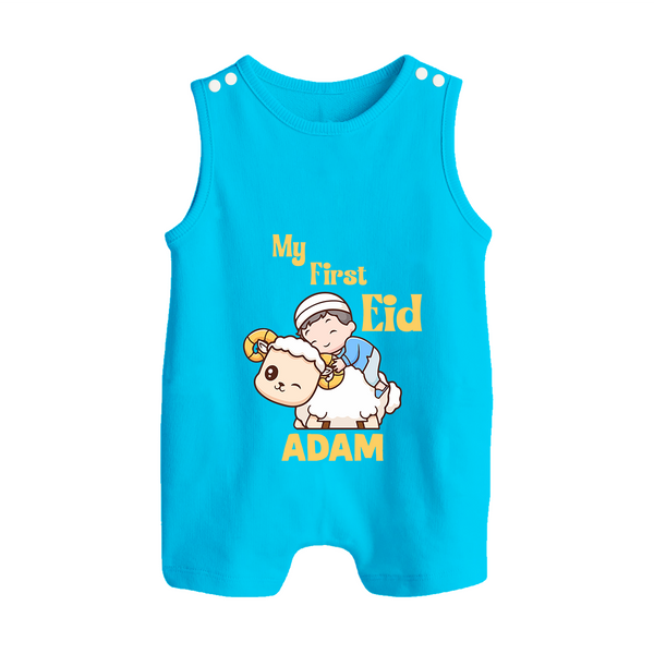 My First Eid Boy Riding Lamb Fun Theme Personalized Baby Button Romper - SKY BLUE - New Born (Chest 18")
