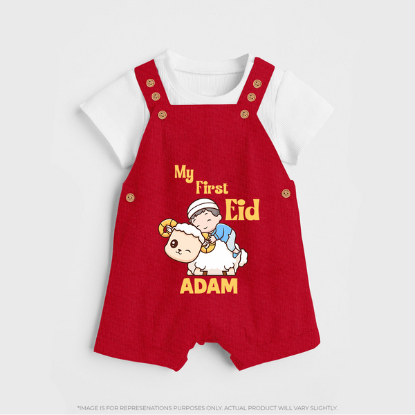 My First Eid Boy Riding Lamb Fun Theme Personalized Baby dungaree - RED - 0 - 5 Months Old (Chest 18")