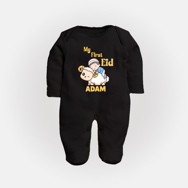 My First Eid Boy Riding Lamb Fun Theme Personalized Baby Full Body Suit - BLACK - New Born (Chest 7.5")