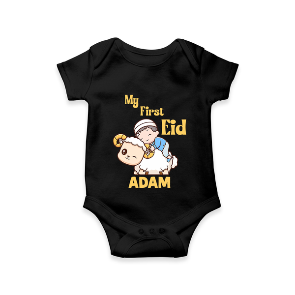 My First Eid Boy Riding Lamb Fun Theme Personalized Baby Romper - BLACK - New Born (Chest 14")