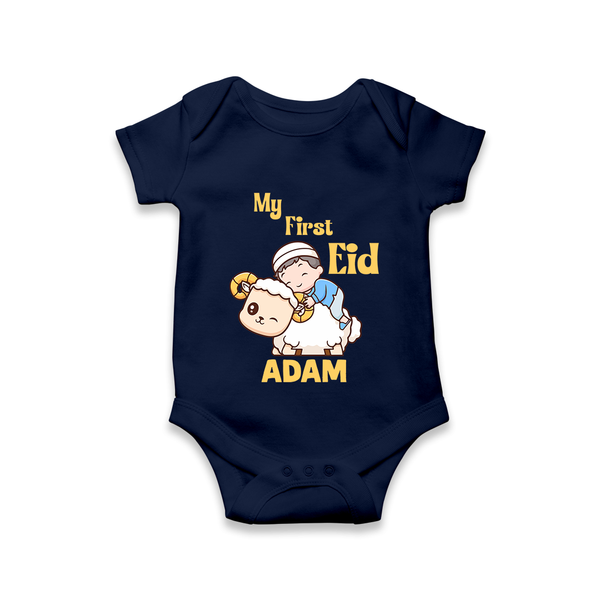 My First Eid Boy Riding Lamb Fun Theme Personalized Baby Romper - NAVY BLUE - New Born (Chest 14")