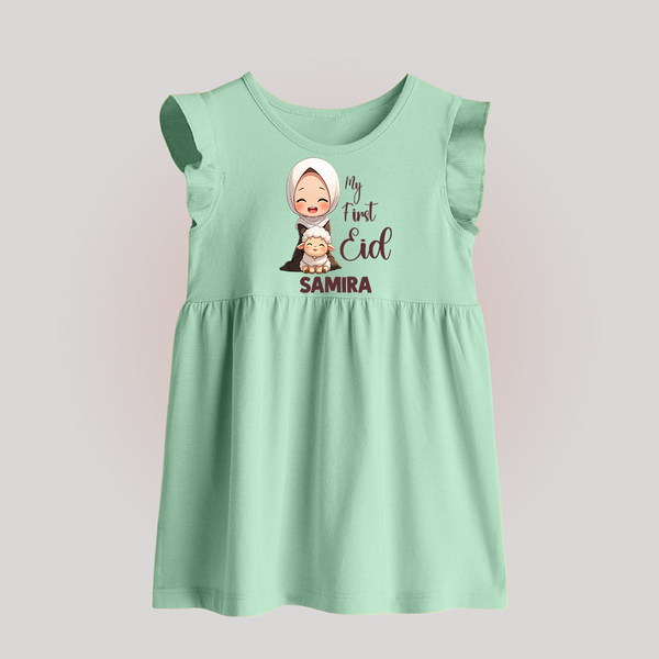 My First Eid with Mom & Baby Lamb Personalized Baby Baby Frock - MINT GREEN - 0 - 3 Months Old (Chest 17")