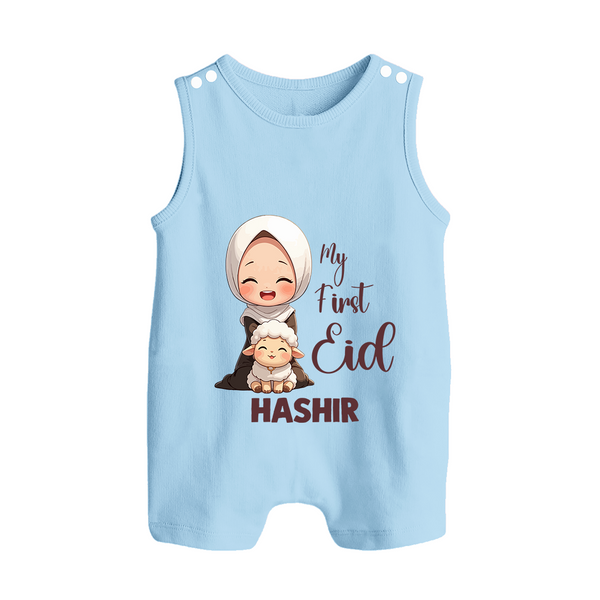 My First Eid with Mom & Baby Lamb Personalized Baby Button Romper - BABY BLUE - New Born (Chest 18")