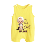 My First Eid with Mom & Baby Lamb Personalized Baby Button Romper - PASTEL YELLOW - New Born (Chest 18")