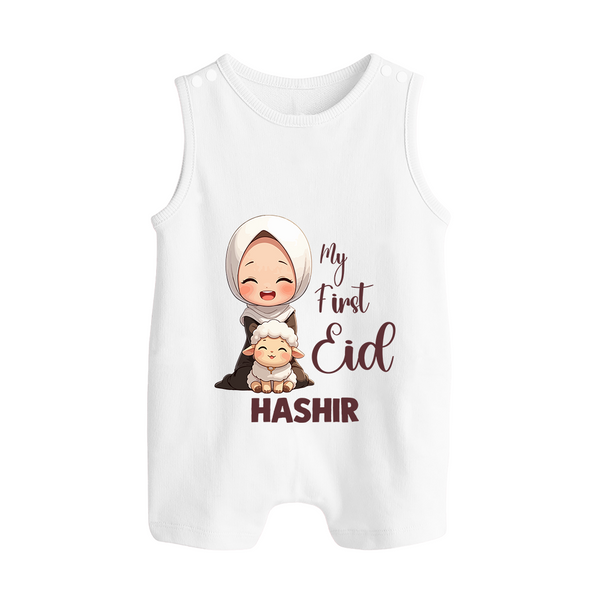 My First Eid with Mom & Baby Lamb Personalized Baby Button Romper - WHITE - New Born (Chest 18")