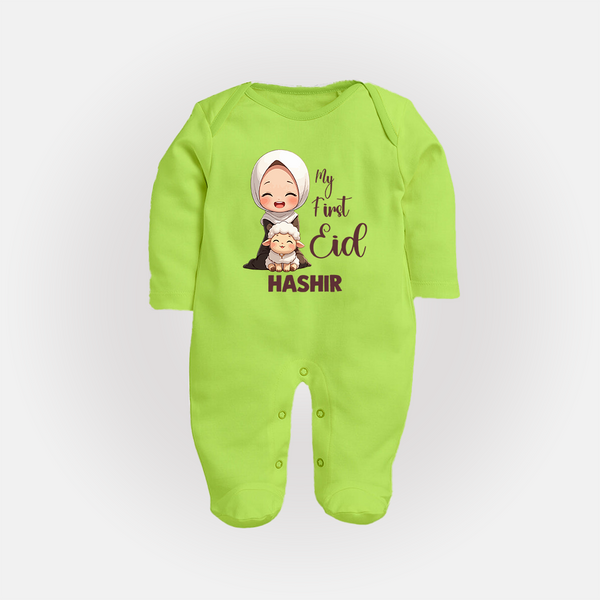 My First Eid with Mom & Baby Lamb Personalized Baby Full Body Suit - LIME GREEN - New Born (Chest 7.5")
