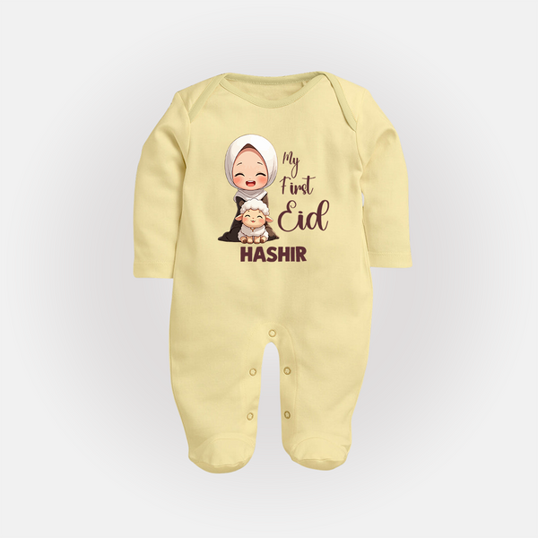 My First Eid with Mom & Baby Lamb Personalized Baby Full Body Suit - PASTEL YELLOW - New Born (Chest 7.5")