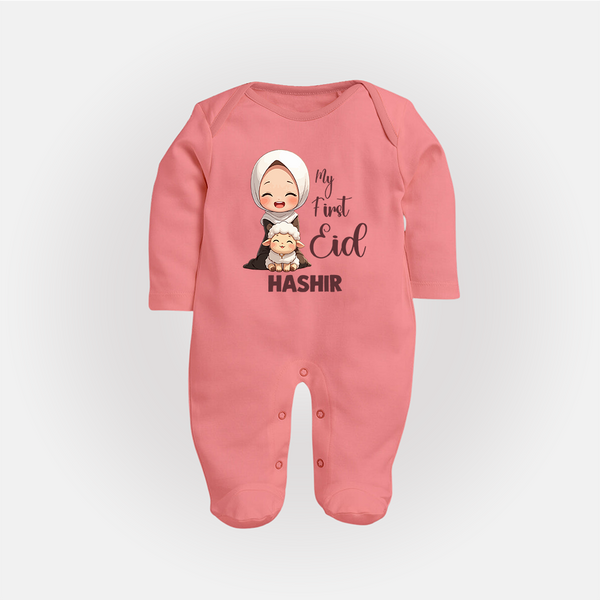My First Eid with Mom & Baby Lamb Personalized Baby Full Body Suit - PEACH - New Born (Chest 7.5")