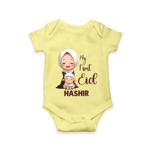 My First Eid with Mom & Baby Lamb Personalized Baby Romper - PASTEL YELLOW - New Born (Chest 14")