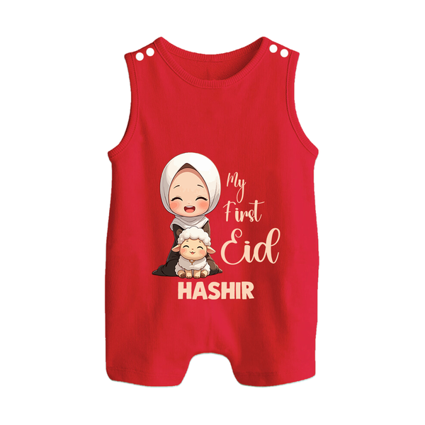 My First Eid with Mom & Baby Lamb Personalized Baby Button Romper - RED - New Born (Chest 18")