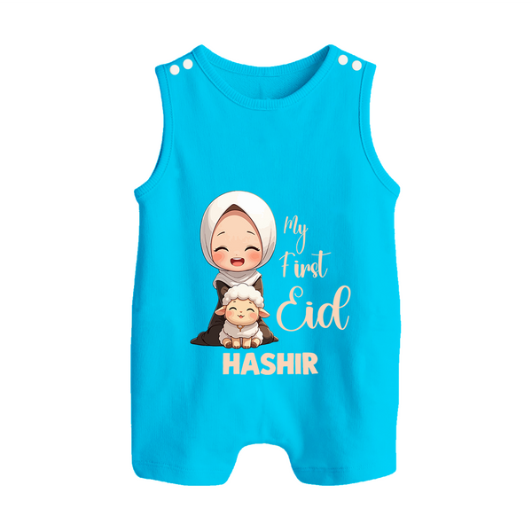 My First Eid with Mom & Baby Lamb Personalized Baby Button Romper - SKY BLUE - New Born (Chest 18")