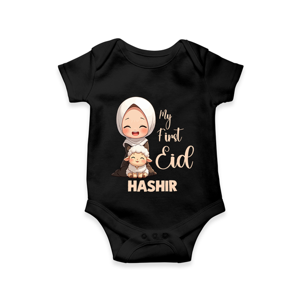 My First Eid with Mom & Baby Lamb Personalized Baby Romper - BLACK - New Born (Chest 14")