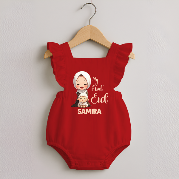 My First Eid with Mom & Baby Lamb Personalized Baby Romper Frock - RED - 0 - 3 Months Old (Chest 19")
