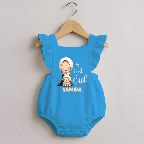 My First Eid with Mom & Baby Lamb Personalized Baby Romper Frock - SKY BLUE - 0 - 3 Months Old (Chest 19")