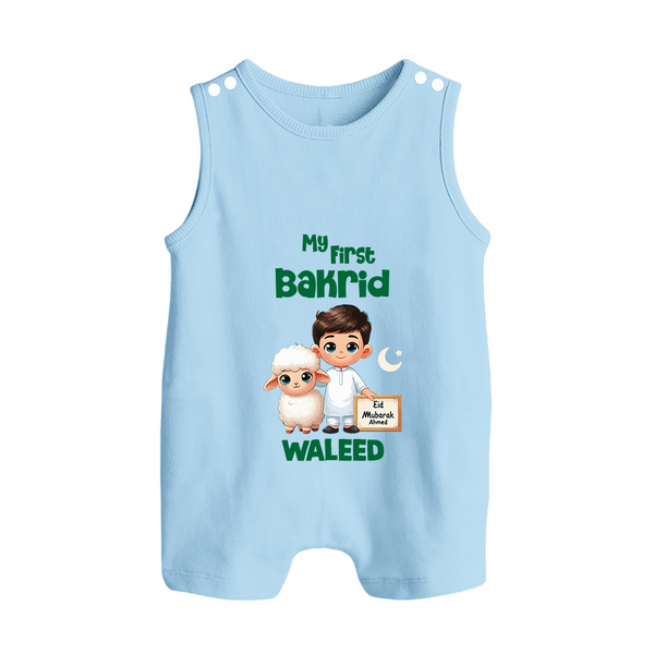 My First Bakrid Boy & Lamb Festive Personalized Baby Button Romper - BABY BLUE - New Born (Chest 18")