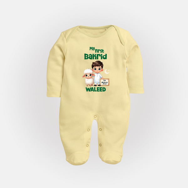 My First Bakrid Boy & Lamb Festive Personalized Baby Full Body Suit - PASTEL YELLOW - New Born (Chest 7.5")