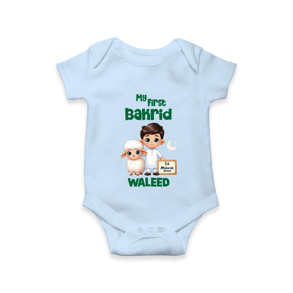My First Bakrid Boy & Lamb Festive Personalized Baby Romper - BABY BLUE - New Born (Chest 14")