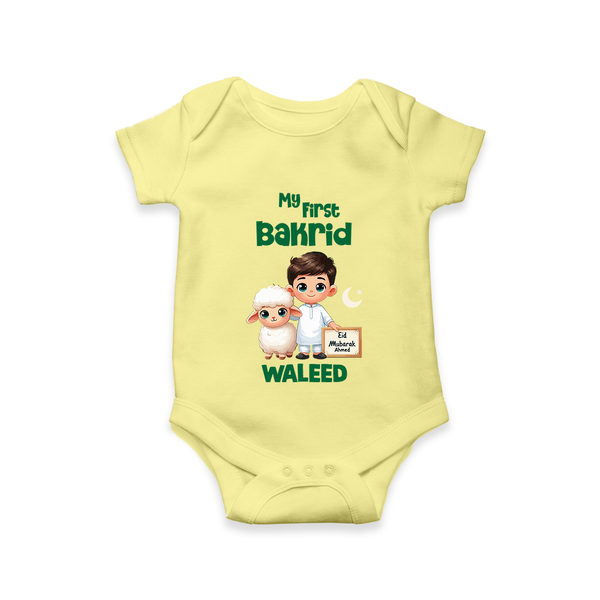 My First Bakrid Boy & Lamb Festive Personalized Baby Romper - PASTEL YELLOW - New Born (Chest 14")