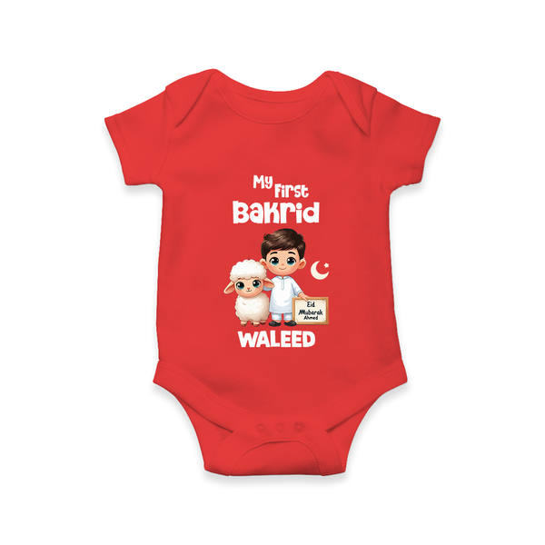 My First Bakrid Boy & Lamb Festive Personalized Baby Romper - RED - New Born (Chest 14")