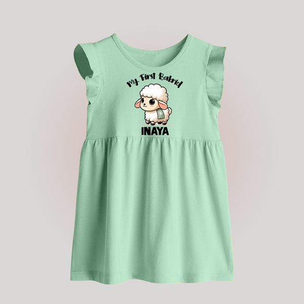 My First Bakrid Cute Lamb Illustration Personalized Baby Baby Frock - MINT GREEN - 0 - 3 Months Old (Chest 17")