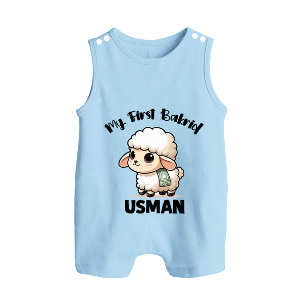 My First Bakrid Cute Lamb Illustration Personalized Baby Button Romper - BABY BLUE - New Born (Chest 18")