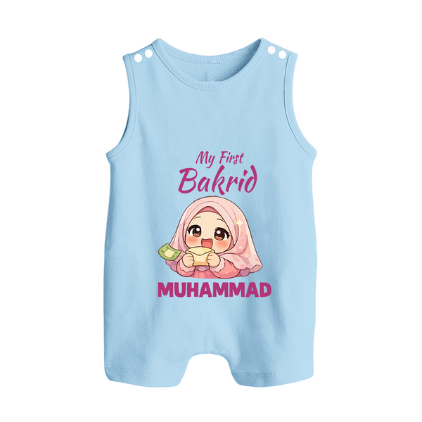 My First Bakrid Girl Eidi Celebration Personalized Baby Button Romper - BABY BLUE - New Born (Chest 18")
