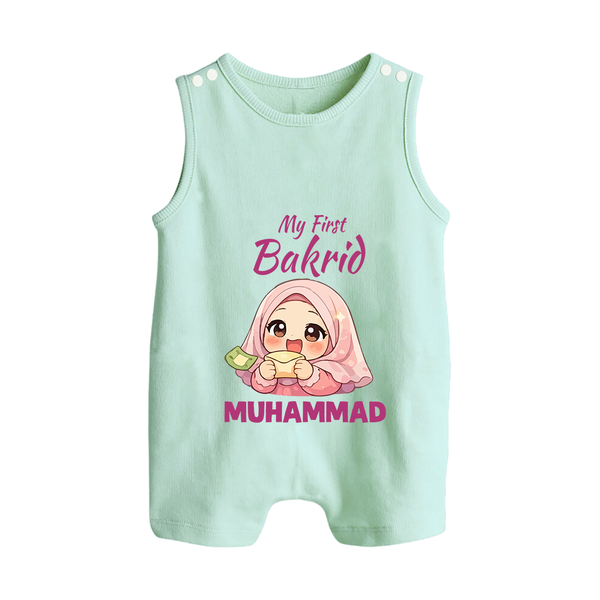 My First Bakrid Girl Eidi Celebration Personalized Baby Button Romper - MINT GREEN - New Born (Chest 18")