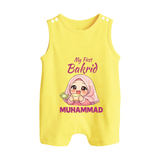 My First Bakrid Girl Eidi Celebration Personalized Baby Button Romper - PASTEL YELLOW - New Born (Chest 18")
