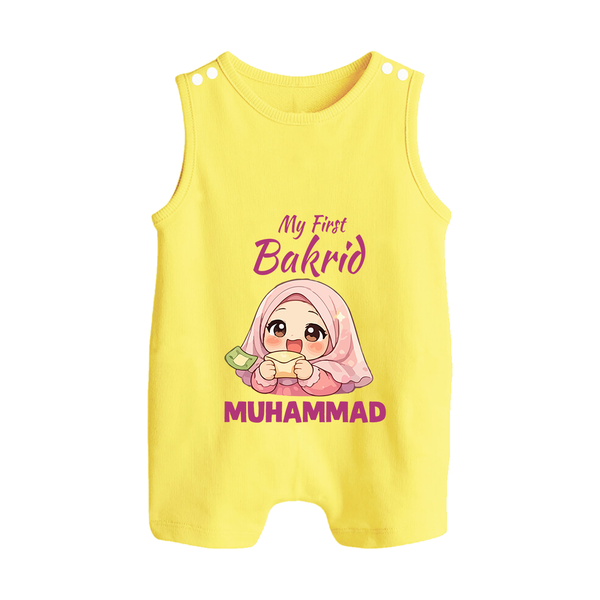 My First Bakrid Girl Eidi Celebration Personalized Baby Button Romper - PASTEL YELLOW - New Born (Chest 18")