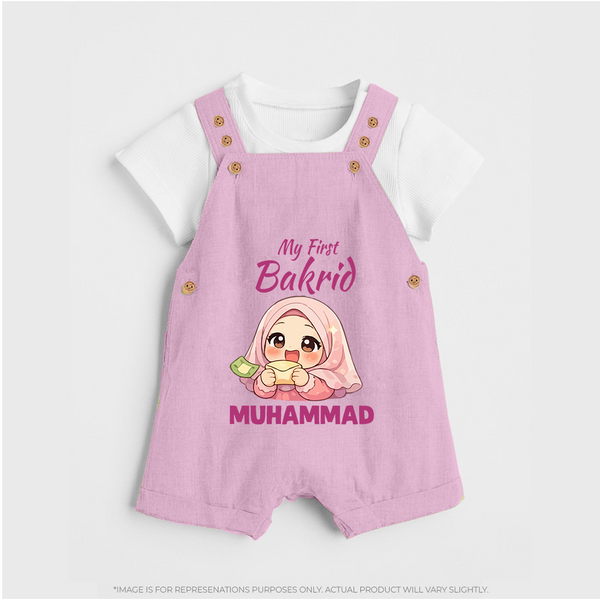 My First Bakrid Girl Eidi Celebration Personalized Baby dungaree - BABY PINK - 0 - 5 Months Old (Chest 18")