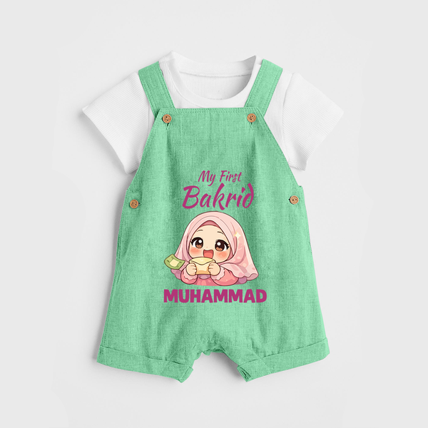 My First Bakrid Girl Eidi Celebration Personalized Baby dungaree - GREEN - 0 - 5 Months Old (Chest 18")