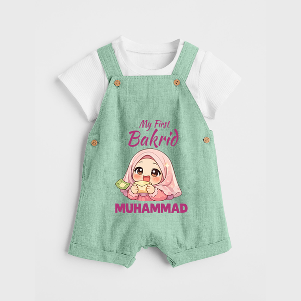 My First Bakrid Girl Eidi Celebration Personalized Baby dungaree - MINT GREEN - 0 - 5 Months Old (Chest 18")