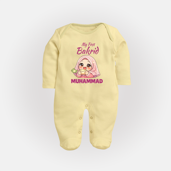 My First Bakrid Girl Eidi Celebration Personalized Baby Full Body Suit - PASTEL YELLOW - New Born (Chest 7.5")