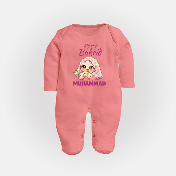 My First Bakrid Girl Eidi Celebration Personalized Baby Full Body Suit - PEACH - New Born (Chest 7.5")