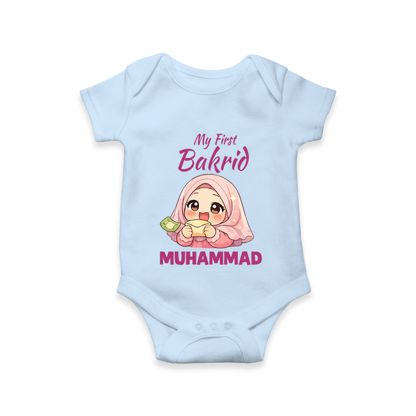 My First Bakrid Girl Eidi Celebration Personalized Baby Romper - BABY BLUE - New Born (Chest 14")