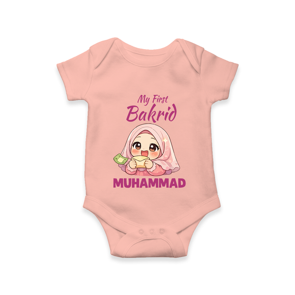 My First Bakrid Girl Eidi Celebration Personalized Baby Romper - PEACH - New Born (Chest 14")