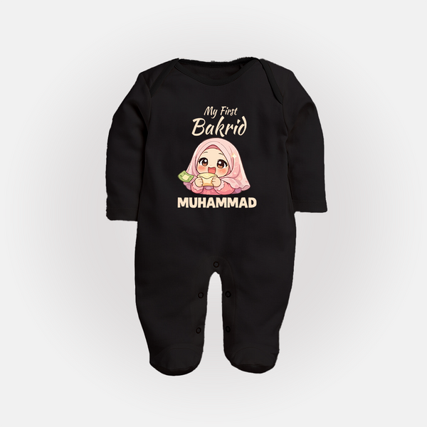 My First Bakrid Girl Eidi Celebration Personalized Baby Full Body Suit - BLACK - New Born (Chest 7.5")