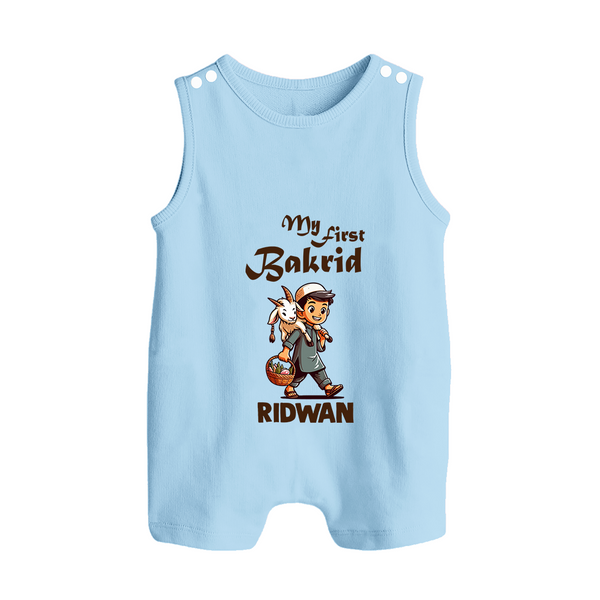 My First Bakrid Boy with Goat Celebration Personalized Baby Button Romper - BABY BLUE - New Born (Chest 18")