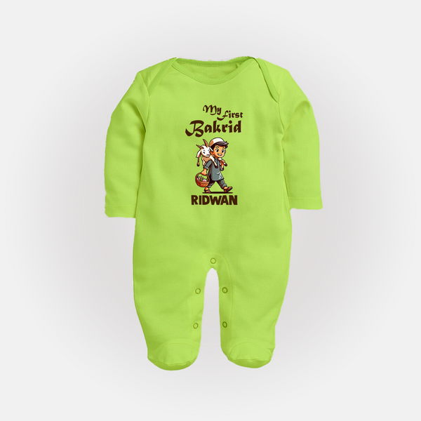 My First Bakrid Boy with Goat Celebration Personalized Baby Full Body Suit - LIME GREEN - New Born (Chest 7.5")