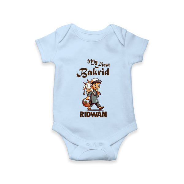 My First Bakrid Boy with Goat Celebration Personalized Baby Romper - BABY BLUE - New Born (Chest 14")