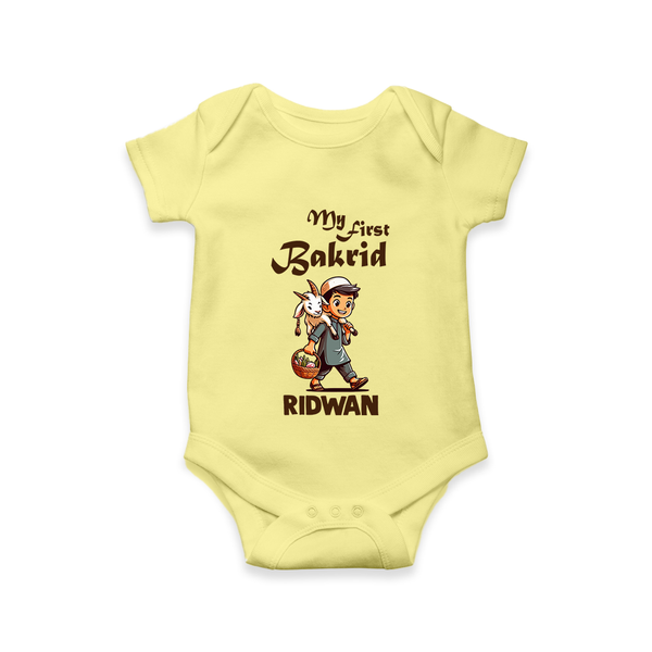 My First Bakrid Boy with Goat Celebration Personalized Baby Romper - PASTEL YELLOW - New Born (Chest 14")