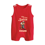 My First Bakrid Boy with Goat Celebration Personalized Baby Button Romper - RED - New Born (Chest 18")