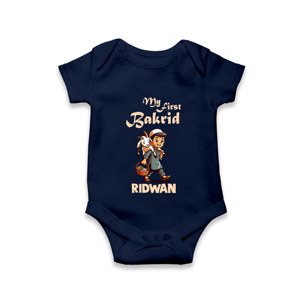 My First Bakrid Boy with Goat Celebration Personalized Baby Romper - NAVY BLUE - New Born (Chest 14")