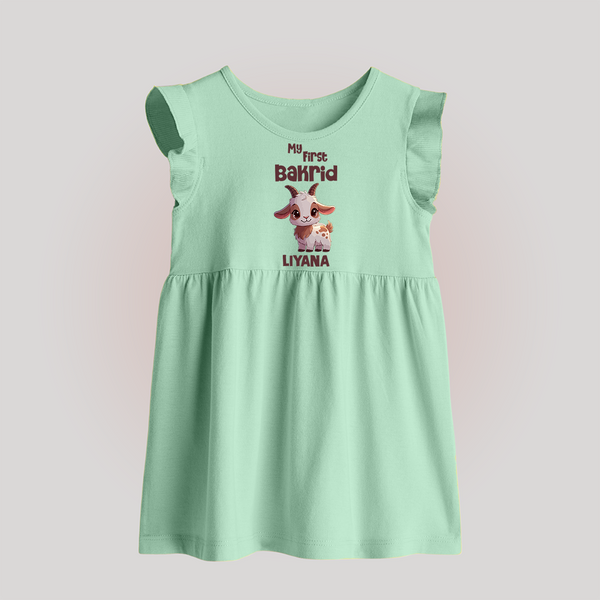 My First Bakrid Cute Goat Illustration Personalized Baby Baby Frock - MINT GREEN - 0 - 3 Months Old (Chest 17")