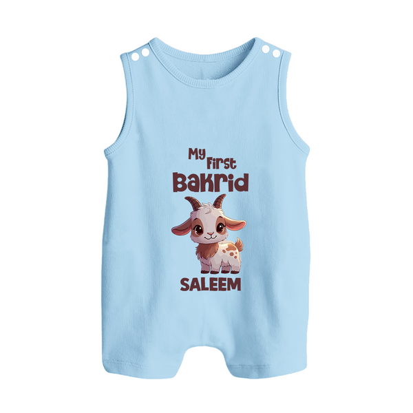 My First Bakrid Cute Goat Illustration Personalized Baby Button Romper - BABY BLUE - New Born (Chest 18")